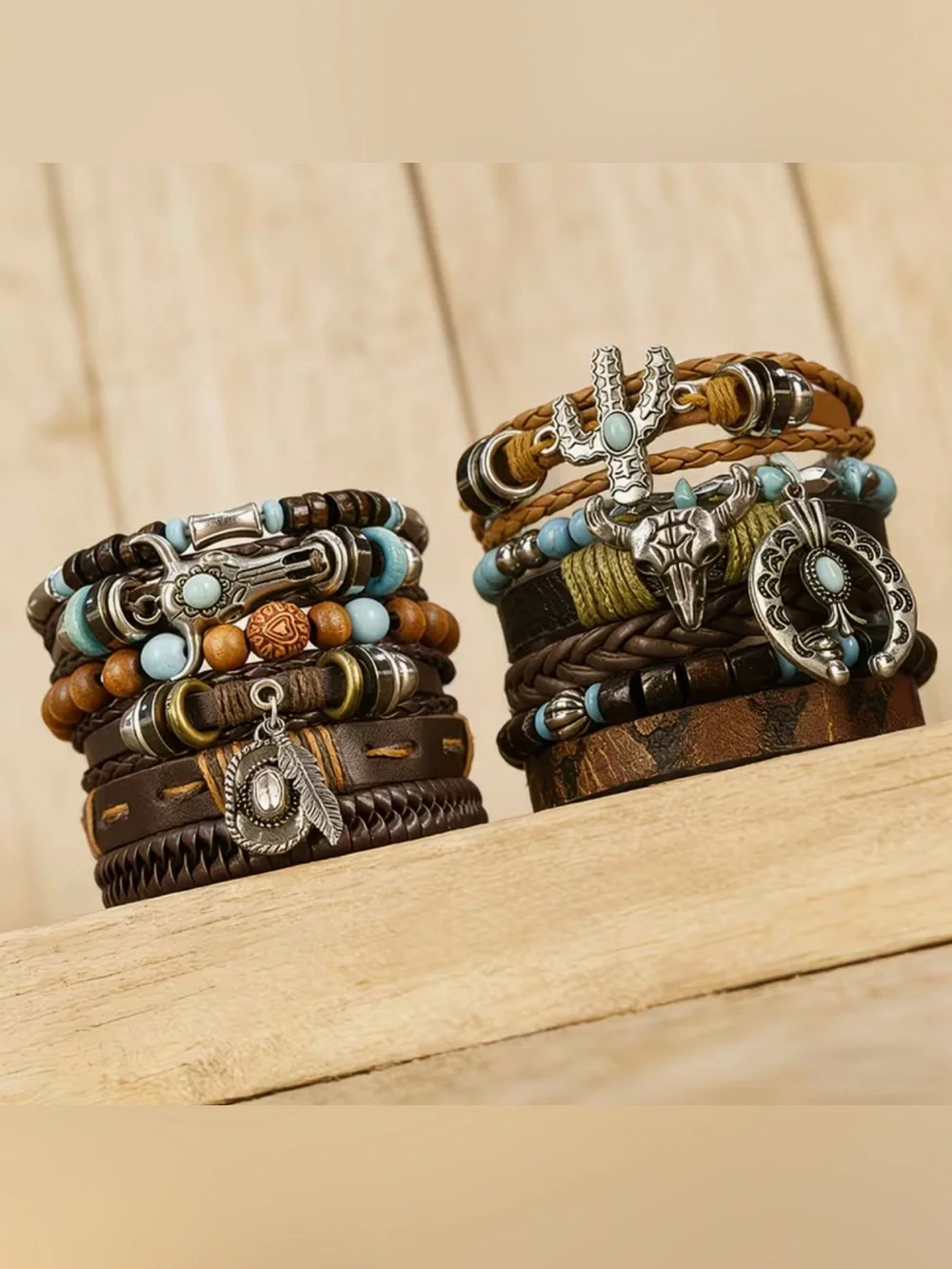 Western Layered Leather & Turquoise Bead Bracelet Stack